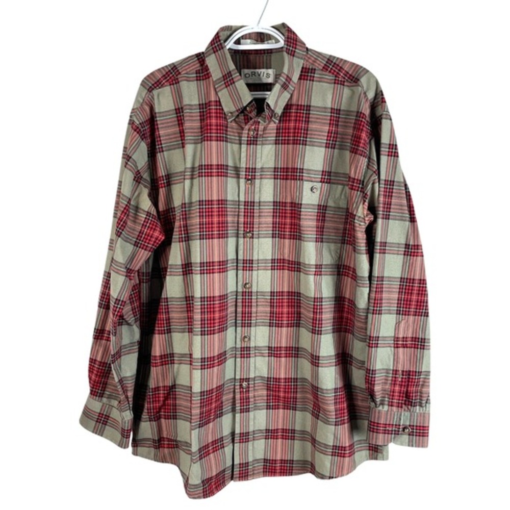 Orvis Mens Flannel Shirt Large Brown Red Plaid Heavy Cotton Button Down